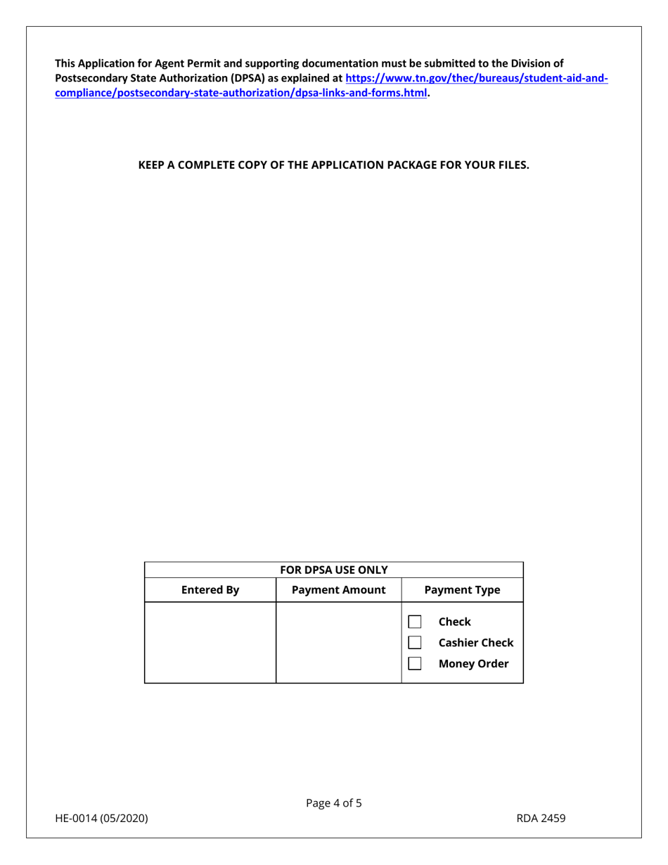 Form HE-0014 Application for Agent Permit - Tennessee, Page 4