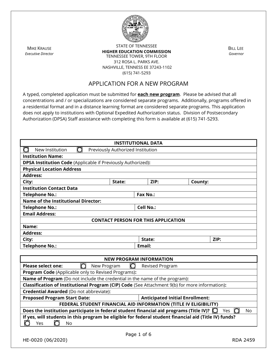 Form HE-0020 Application for a New Program - Tennessee, Page 1
