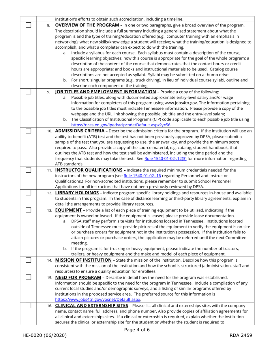 Form HE-0020 Application for a New Program - Tennessee, Page 4