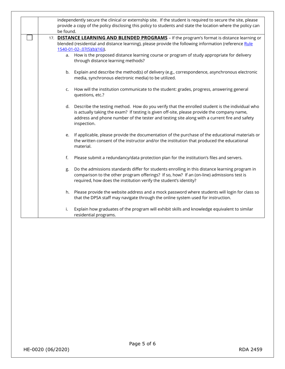 Form HE-0020 Application for a New Program - Tennessee, Page 5