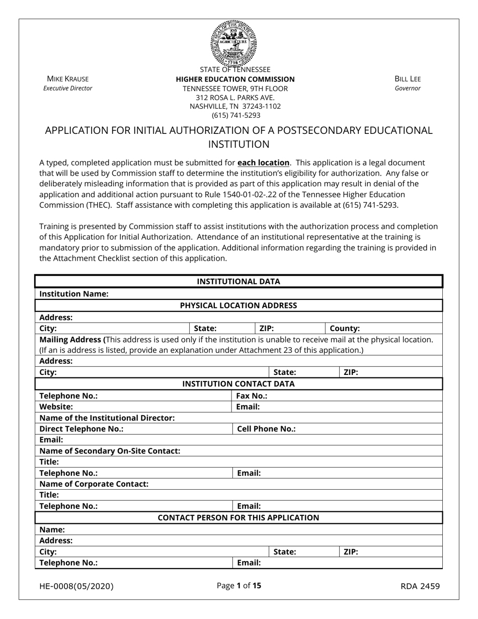 Form HE-0008 Download Fillable PDF or Fill Online Application for