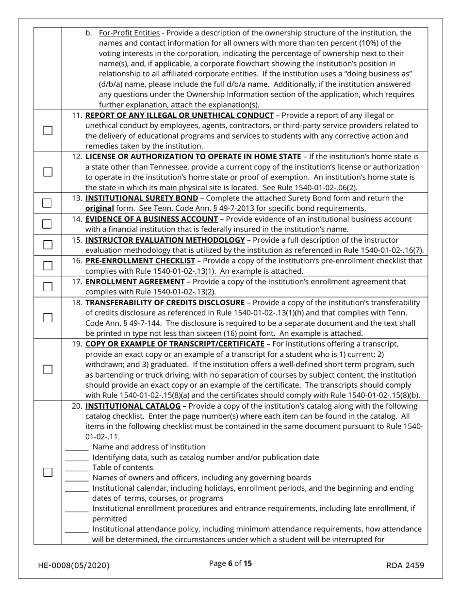Form HE-0008 Application for Initial Authorization of a Postsecondary Educational Institution - Tennessee, Page 6