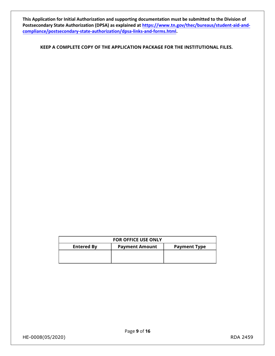 Form HE-0008 Application for Initial Authorization of a Postsecondary Educational Institution - Tennessee, Page 9