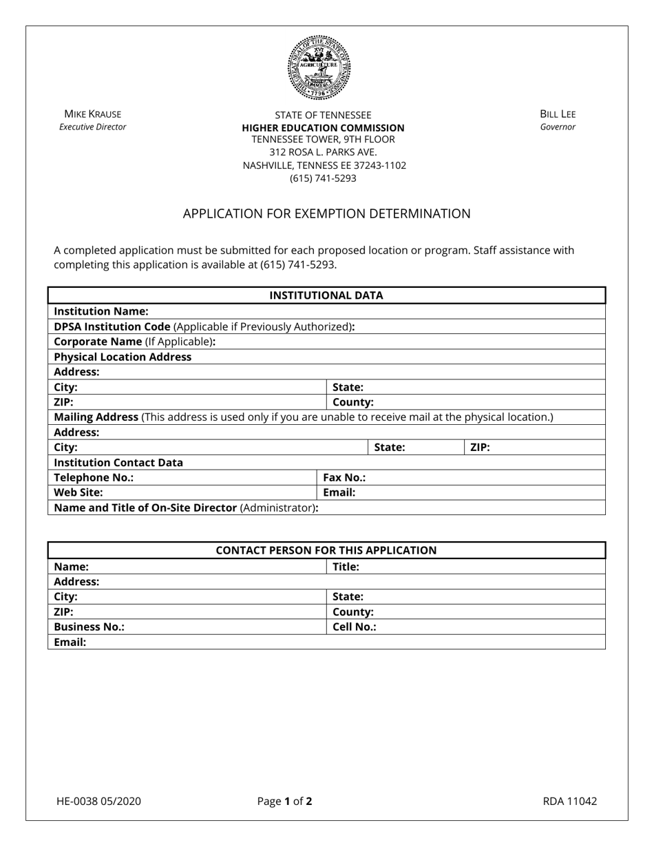 Form HE-0038 Application for Exemption Determination - Tennessee, Page 1