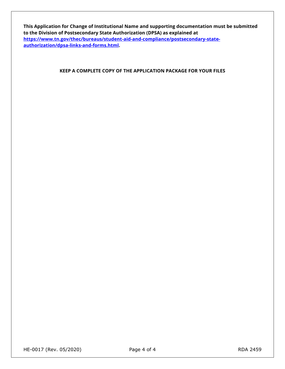 Form HE-0017 Application for Change of Institutional Name - Tennessee, Page 4