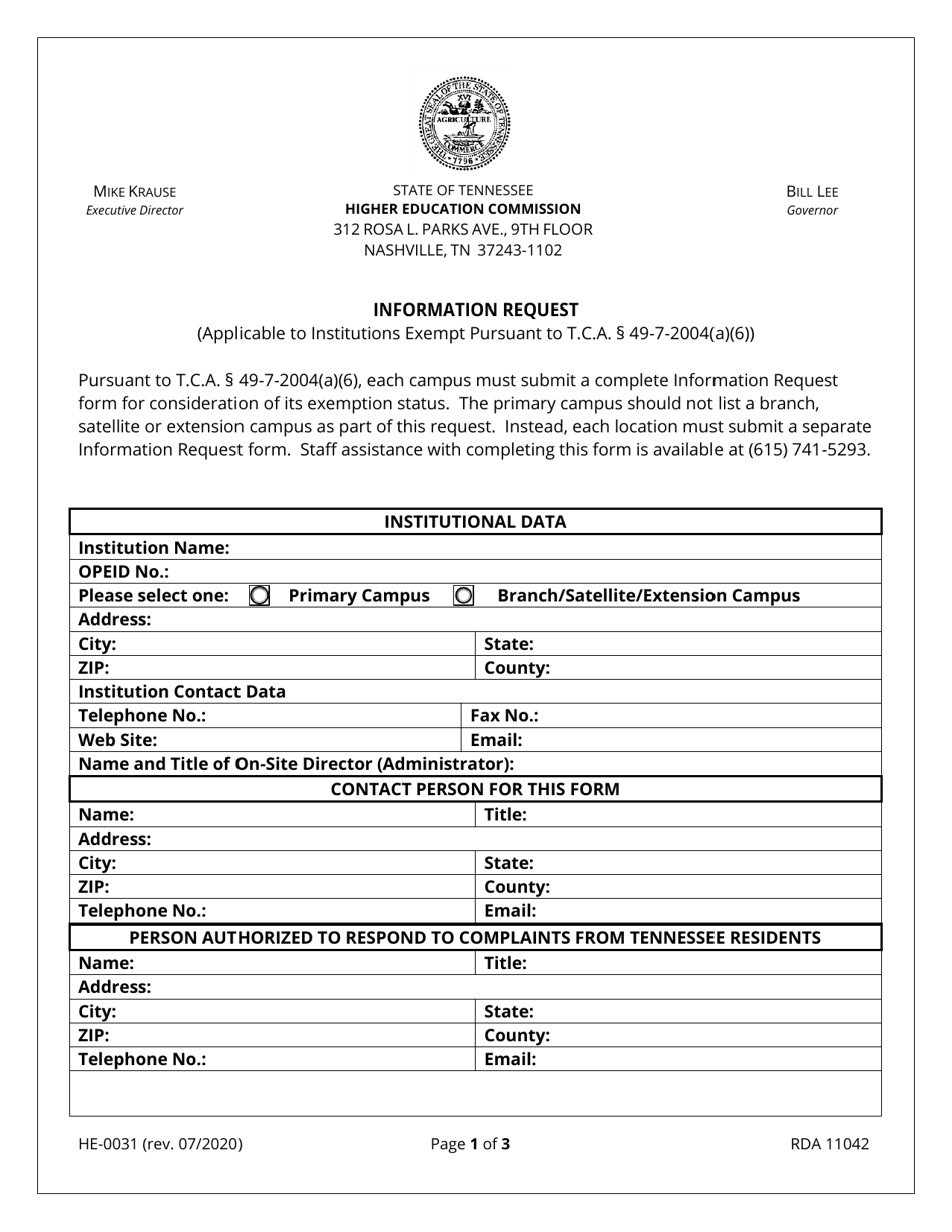 Form HE-0031 Information Request - Tennessee, Page 1