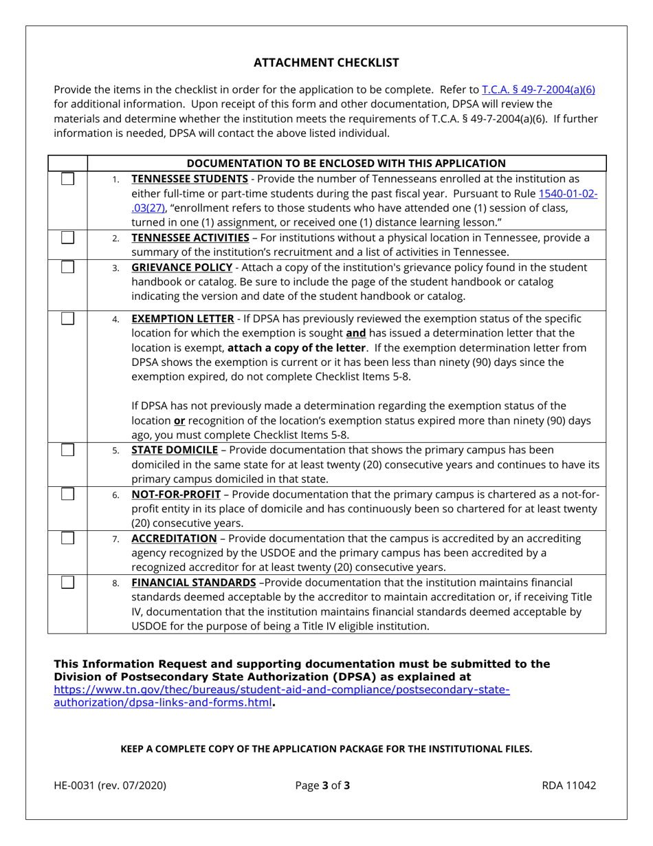 Form HE-0031 Information Request - Tennessee, Page 3