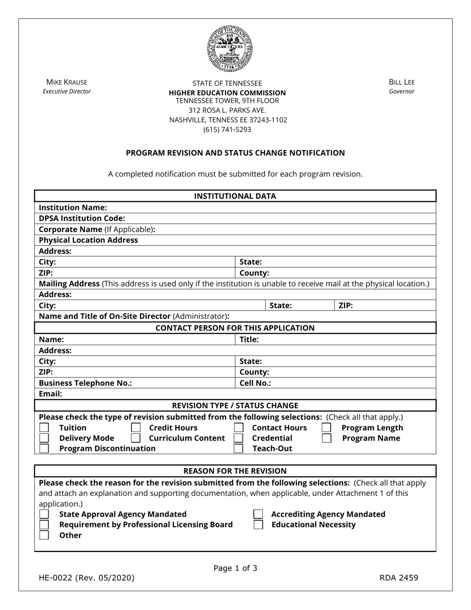 Form HE-0022 Program Revision and Status Change Notification - Tennessee, Page 1