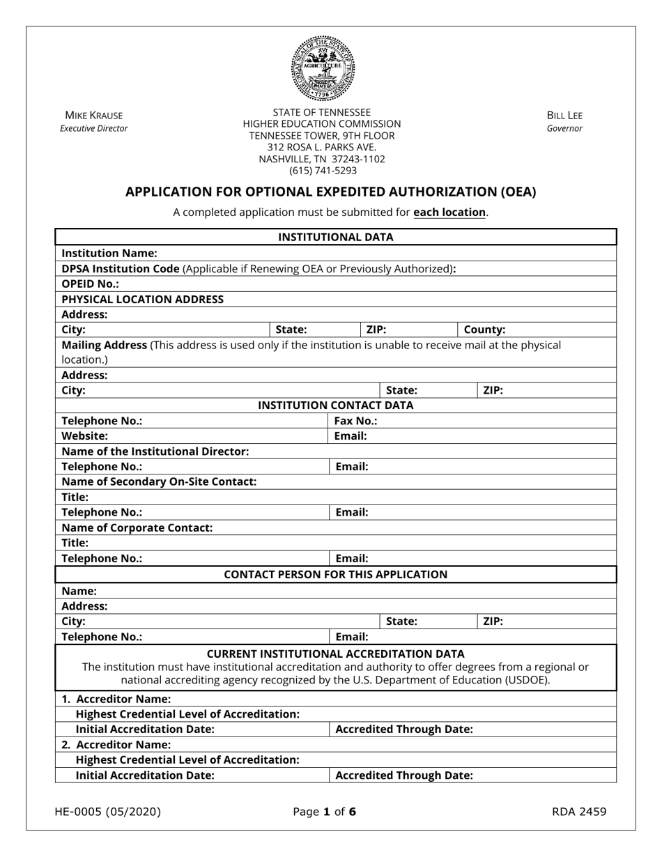 Form HE-0005 Application for Optional Expedited Authorization (Oea) - Tennessee, Page 1
