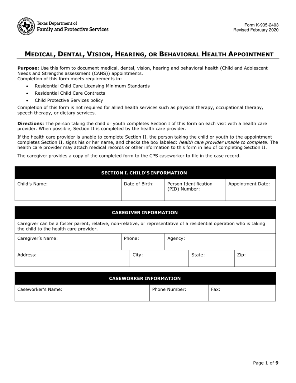Form K-905-2403 Medical, Dental, Vision, Hearing, or Behavioral Health Appointment - Texas, Page 1