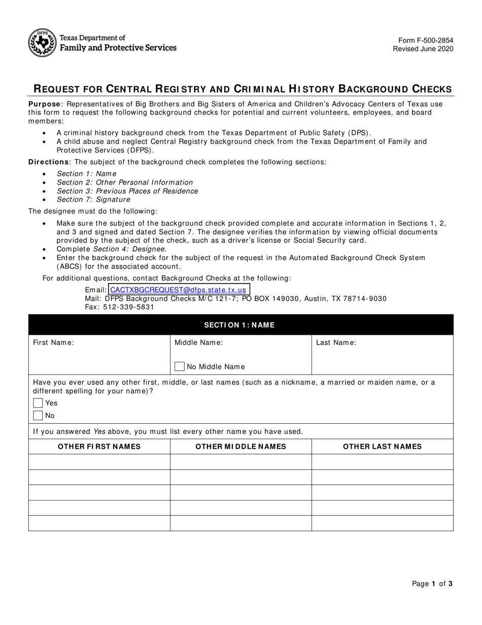 Form F-500-2854 Request for Central Registry and Criminal History Background Checks - Texas, Page 1
