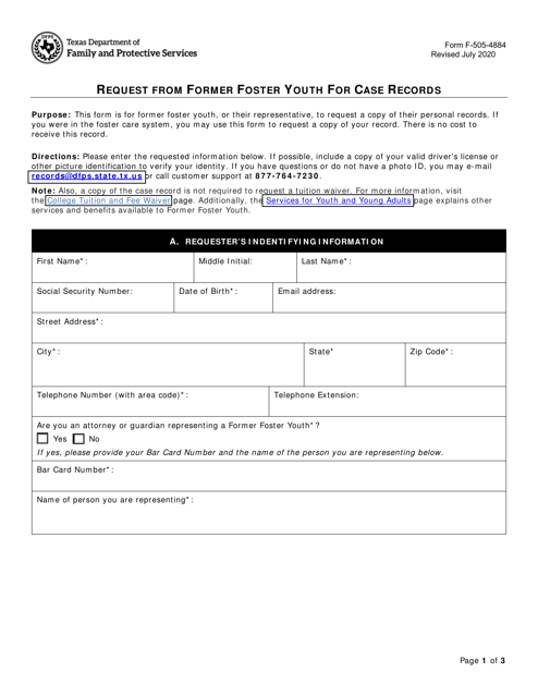 Form F-505-4884 Request From Former Foster Youth for Case Records - Texas