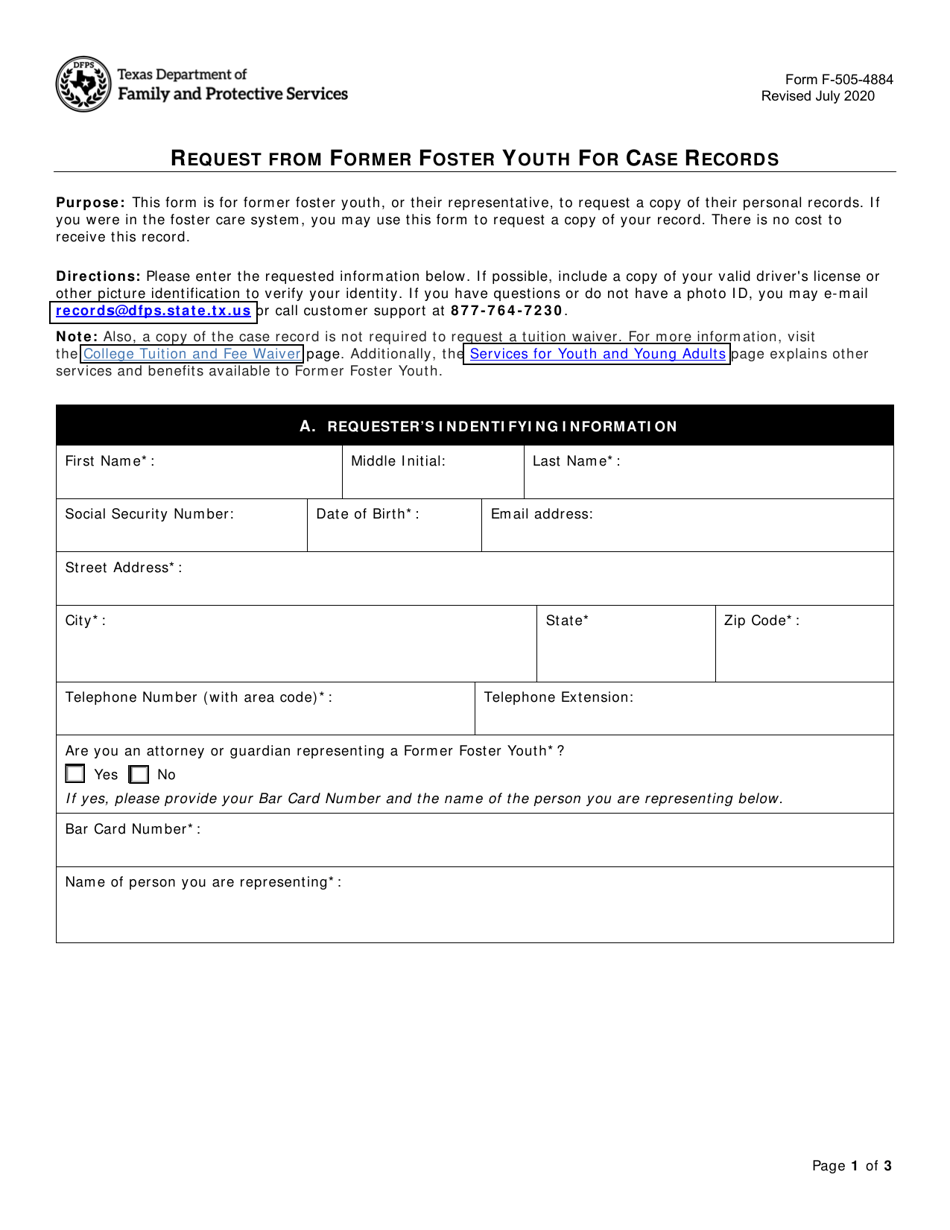 Form F-505-4884 Request From Former Foster Youth for Case Records - Texas, Page 1
