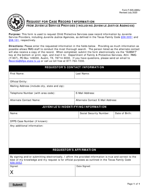 Form F-505-4885J Request for Case Record Information From Juvenile Service Provides (Including Juvenile Justice Agencies) - Texas