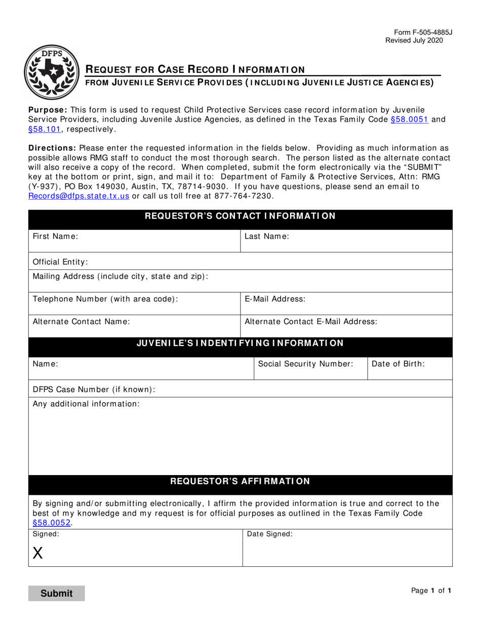 Form F-505-4885J Request for Case Record Information From Juvenile Service Provides (Including Juvenile Justice Agencies) - Texas, Page 1