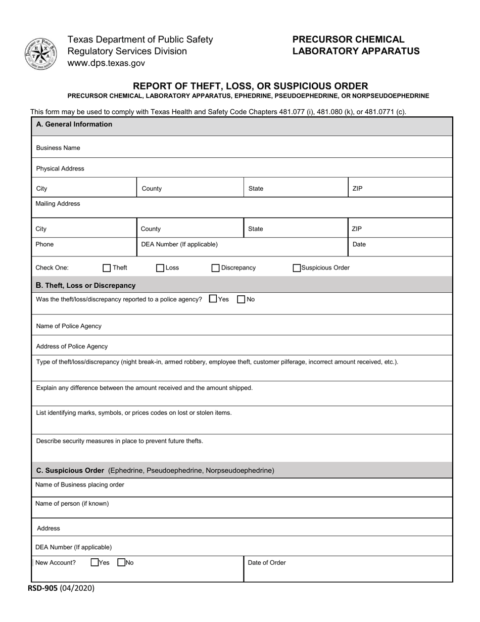 Form RSD-905 Report of Theft, Loss or Suspicious Order - Precursor Chemical, Laboratory Apparatus, Ephedrine, Pseudoephedrine, or Norpseudoephedrine - Texas, Page 1