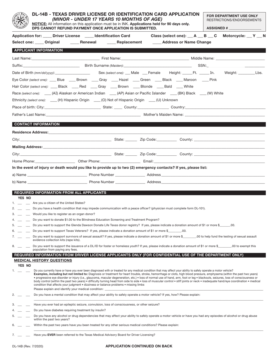 Form DL-14B Texas Driver License or Identification Card Application (Minor - Under 17 Years 10 Months of Age) - Texas, Page 1