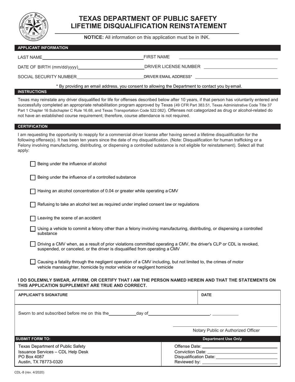 Form CDL-8 Lifetime Disqualification Reinstatement - Texas, Page 1