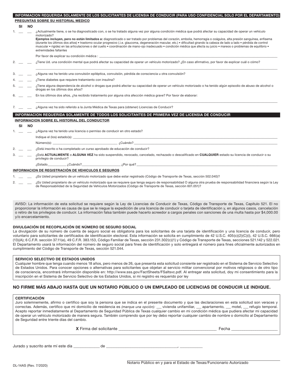 Formulario DL-14AS Solicitud De Una Licencia De Conducir (Dl) O Tarjeta De Identificacion (Id) De Texas (Adulto - 17 Anos Y 10 Meses De Edad Y Mayor) - Texas (Spanish), Page 2