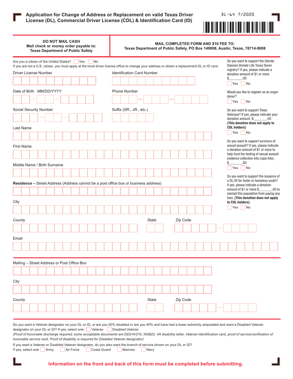 Form DL-64 Application for Change of Address or Replacement on Valid Texas Driver License (Dl), Commercial Driver License (Cdl)  Identification Card (Id) - Texas, Page 1