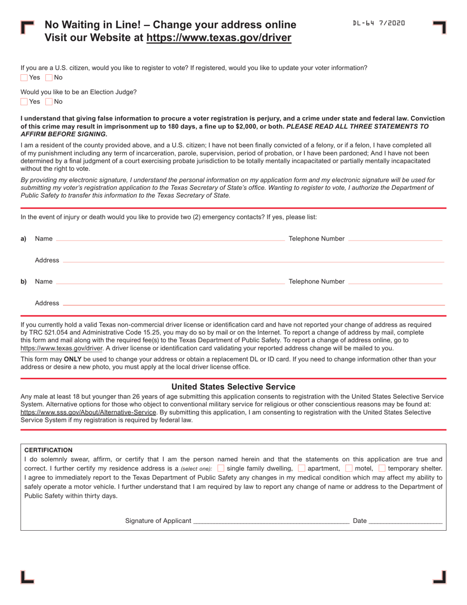 Form DL-64 Application for Change of Address or Replacement on Valid Texas Driver License (Dl), Commercial Driver License (Cdl)  Identification Card (Id) - Texas, Page 2