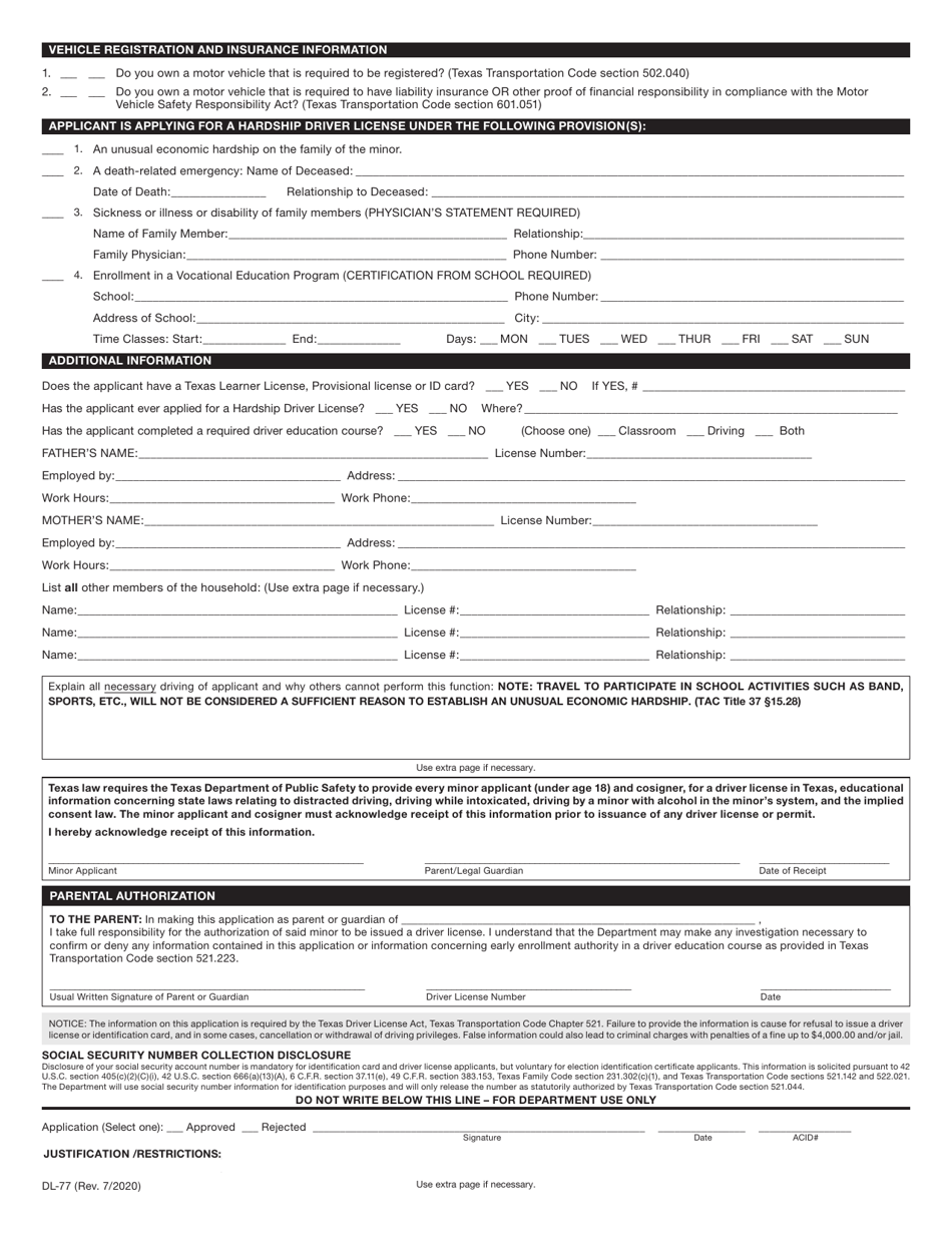 Form DL-77 Download Fillable PDF or Fill Online Texas Hardship Driver ...