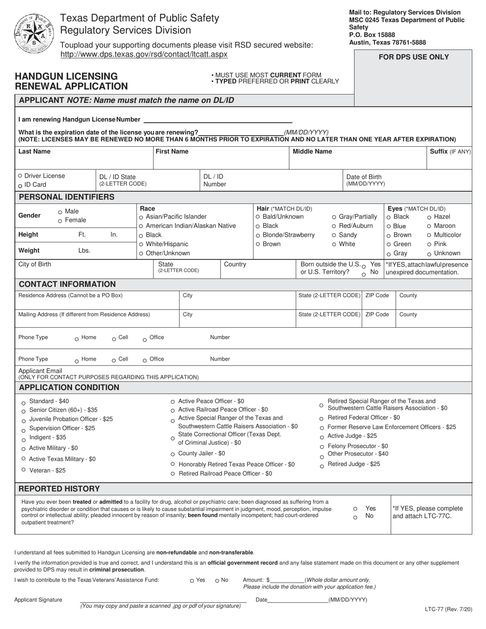 Form LTC-77 Handgun Licensing Renewal Application - Texas, Page 1