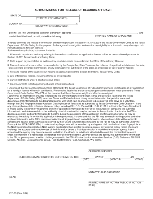 Form LTC-85 Authorization for Release of Records Affidavit - Texas