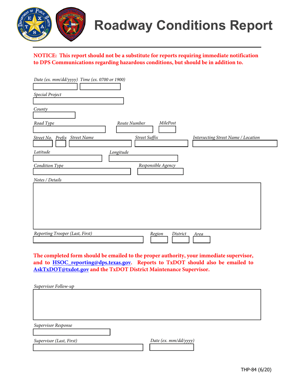 Form THP-84 Roadway Conditions Report - Texas, Page 1