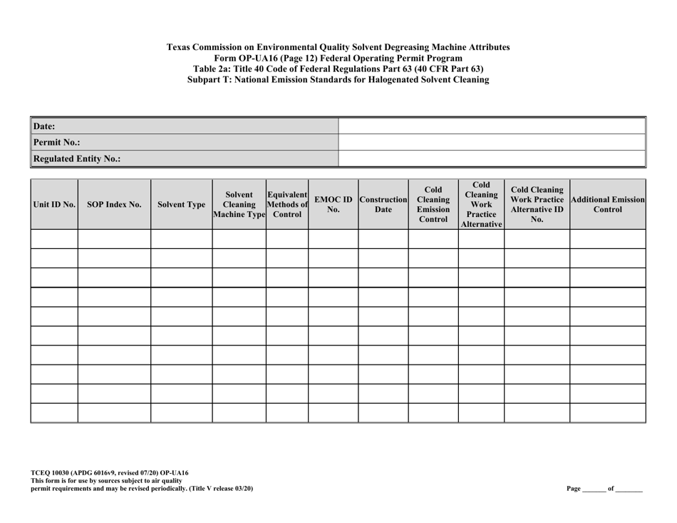Form OP-UA16 (TCEQ-10030) Solvent Degreasing Machine Attributes - Texas, Page 12