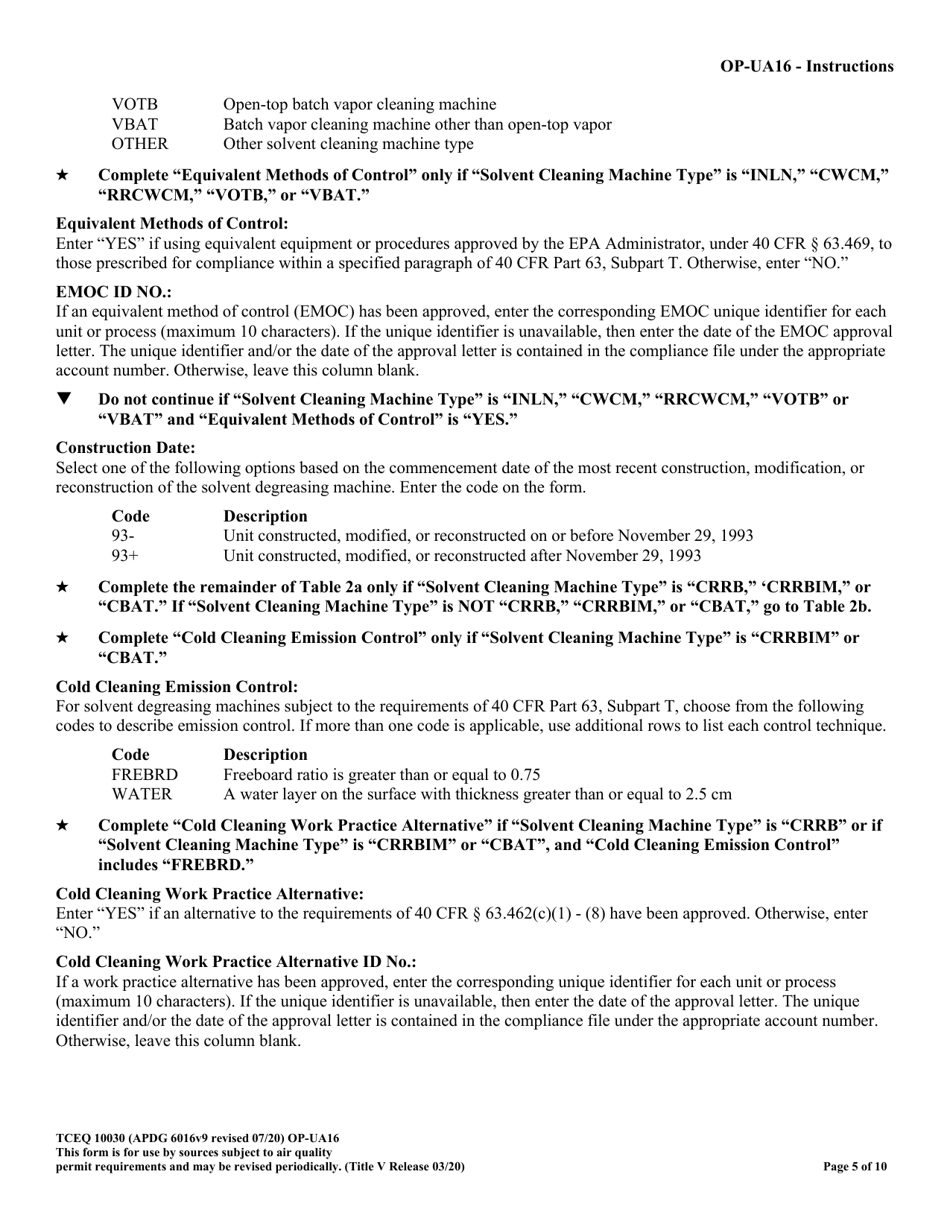 Form OP-UA16 (TCEQ-10030) Solvent Degreasing Machine Attributes - Texas, Page 5