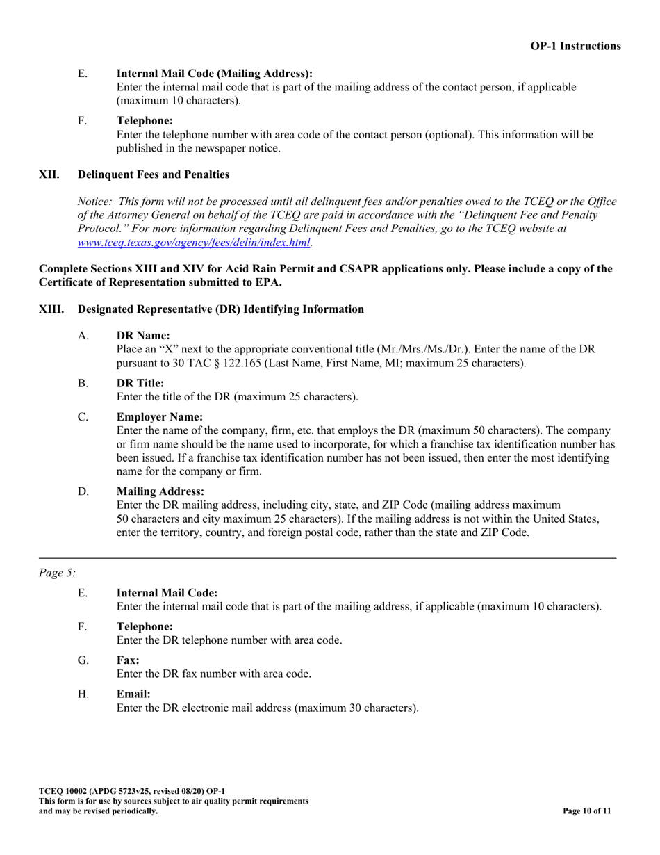Form OP-1 (TCEQ-10002) Site Information Summary - Texas, Page 10