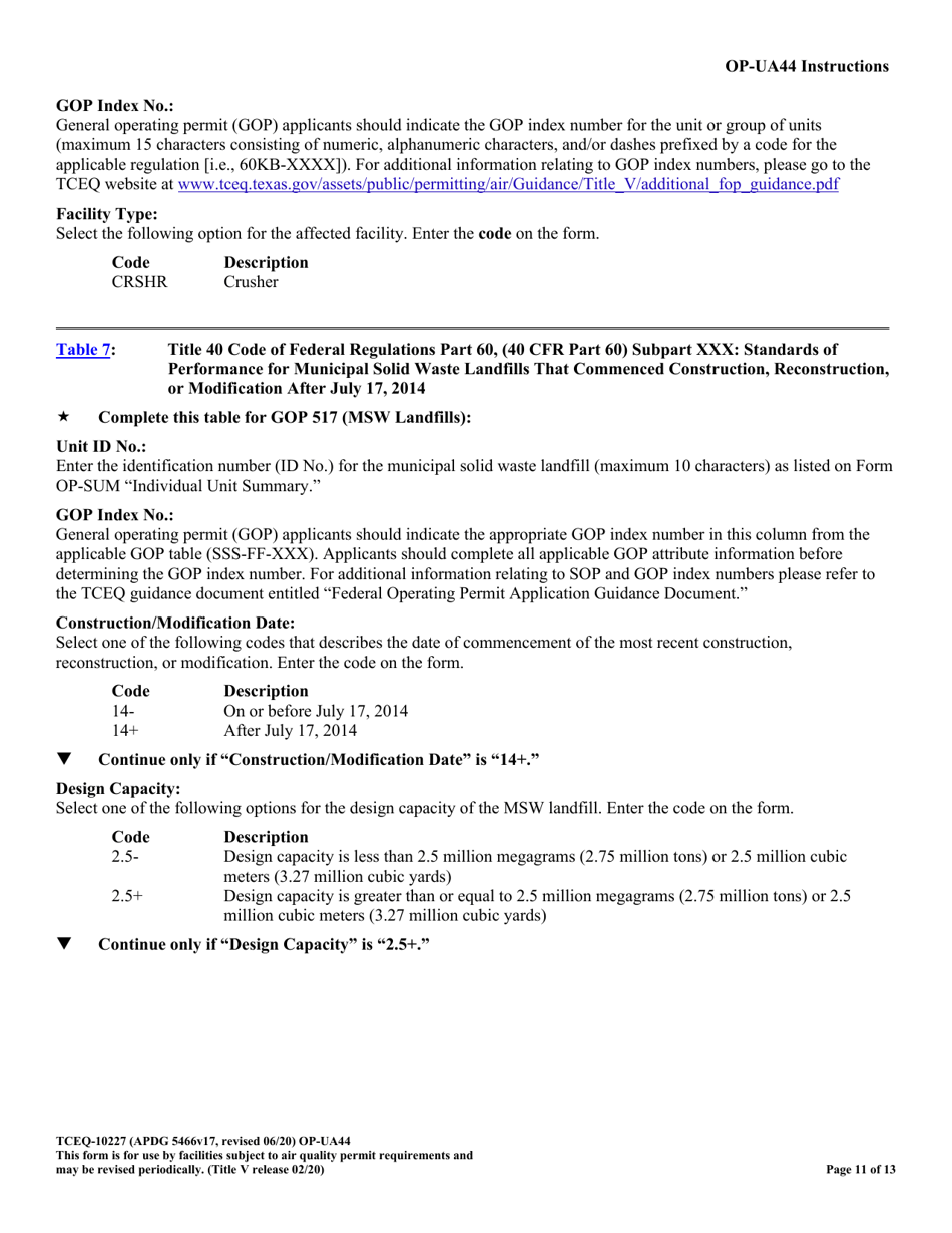 Form TCEQ-10227 (OP-UA44) Municipal Solid Waste Landfill / Waste Disposal Site Attributes - Texas, Page 11