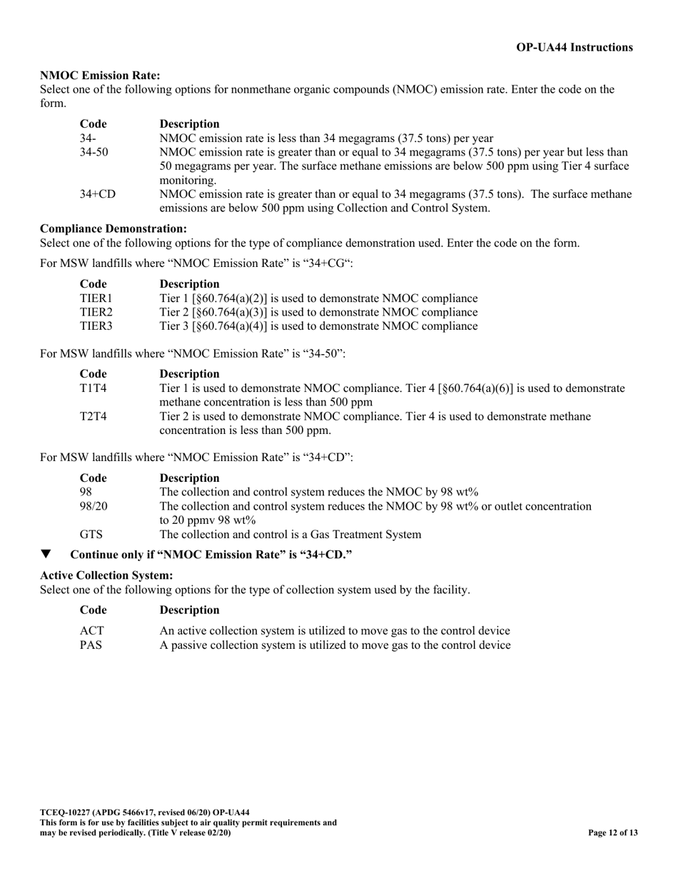 Form TCEQ-10227 (OP-UA44) Municipal Solid Waste Landfill / Waste Disposal Site Attributes - Texas, Page 12