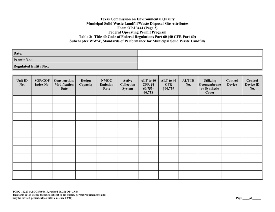 Form TCEQ-10227 (OP-UA44) Municipal Solid Waste Landfill / Waste Disposal Site Attributes - Texas, Page 15