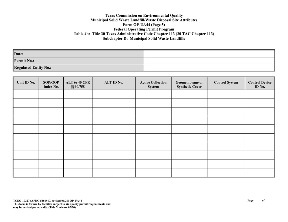 Form TCEQ-10227 (OP-UA44) Municipal Solid Waste Landfill / Waste Disposal Site Attributes - Texas, Page 18