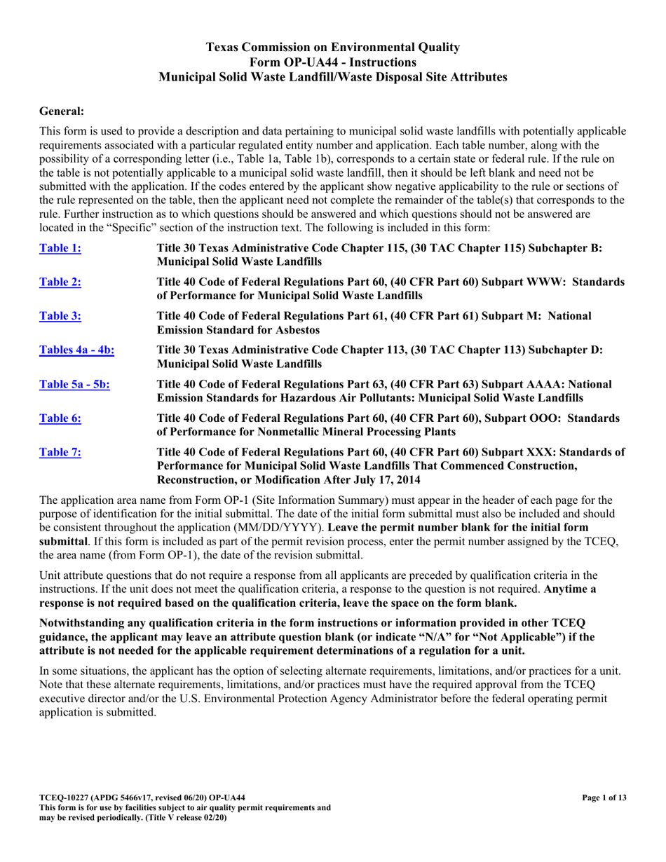 Form TCEQ-10227 (OP-UA44) Municipal Solid Waste Landfill / Waste Disposal Site Attributes - Texas, Page 1