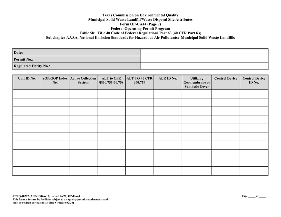 Form TCEQ-10227 (OP-UA44) Municipal Solid Waste Landfill / Waste Disposal Site Attributes - Texas, Page 20
