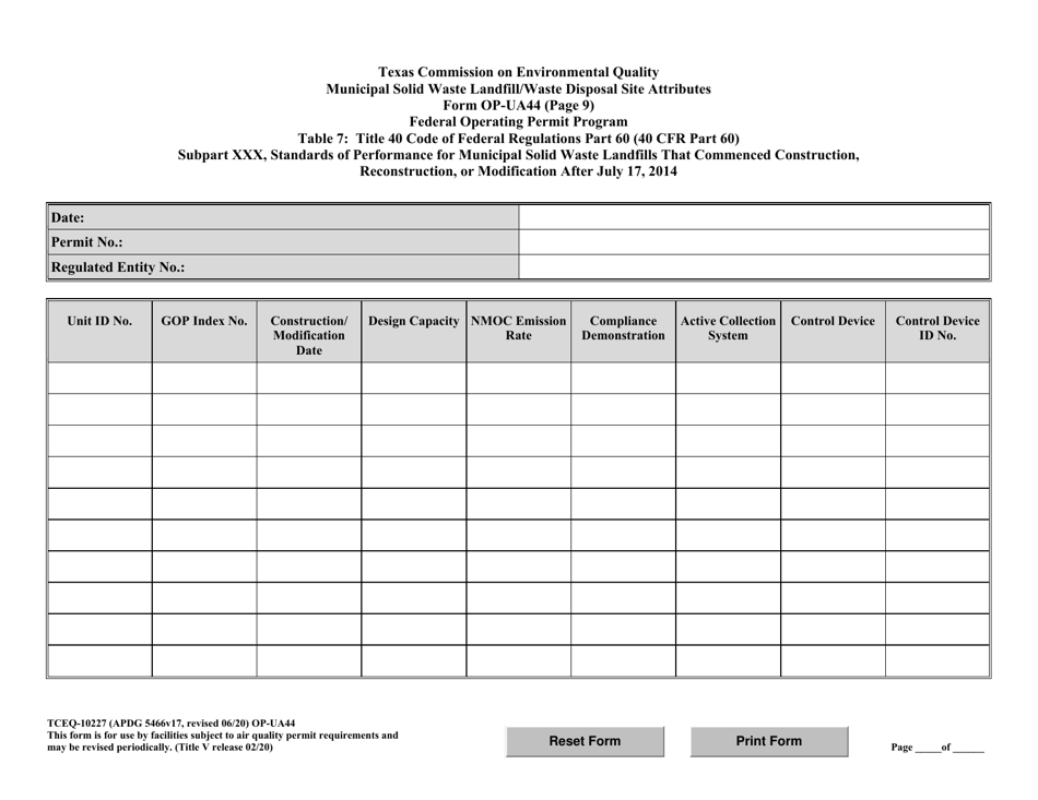 Form TCEQ-10227 (OP-UA44) Municipal Solid Waste Landfill / Waste Disposal Site Attributes - Texas, Page 22
