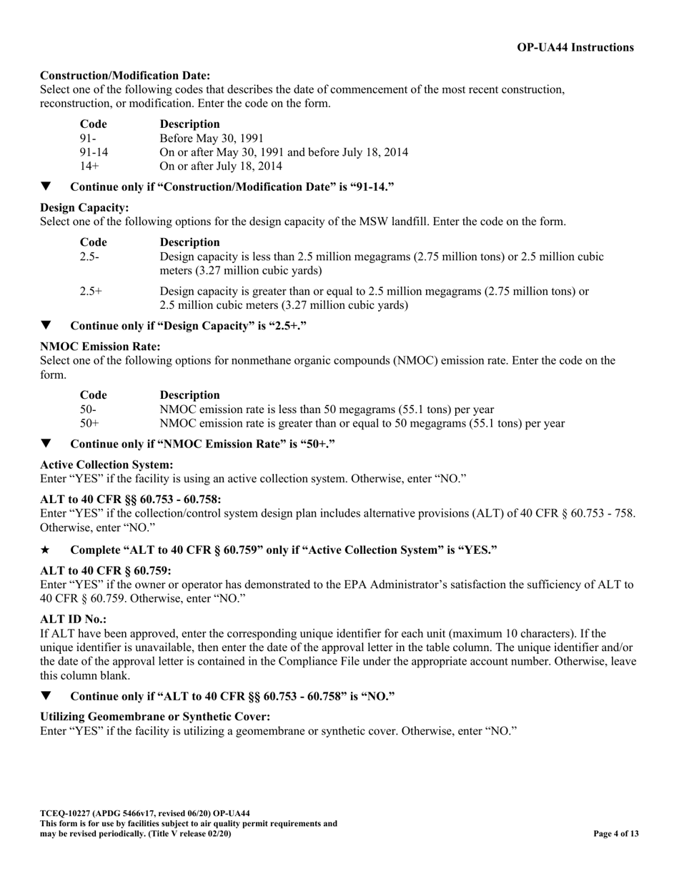 Form TCEQ-10227 (OP-UA44) Municipal Solid Waste Landfill / Waste Disposal Site Attributes - Texas, Page 4