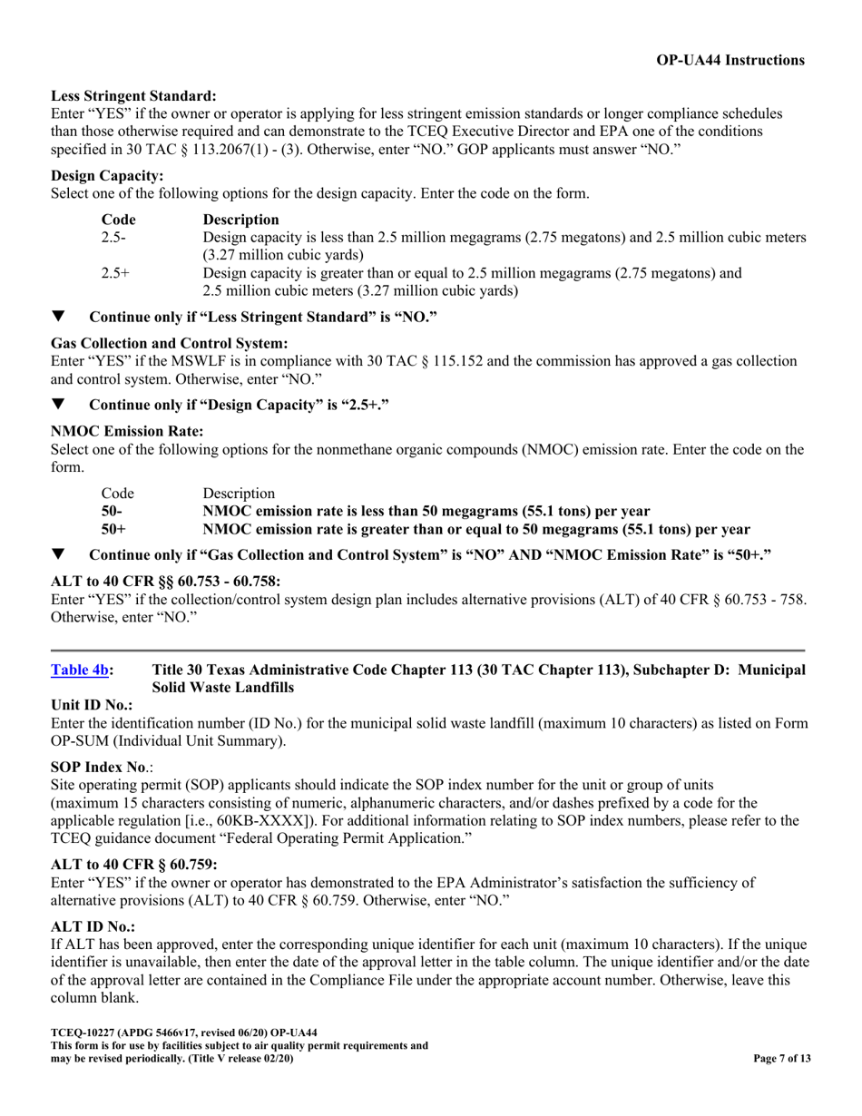 Form TCEQ-10227 (OP-UA44) Municipal Solid Waste Landfill / Waste Disposal Site Attributes - Texas, Page 7