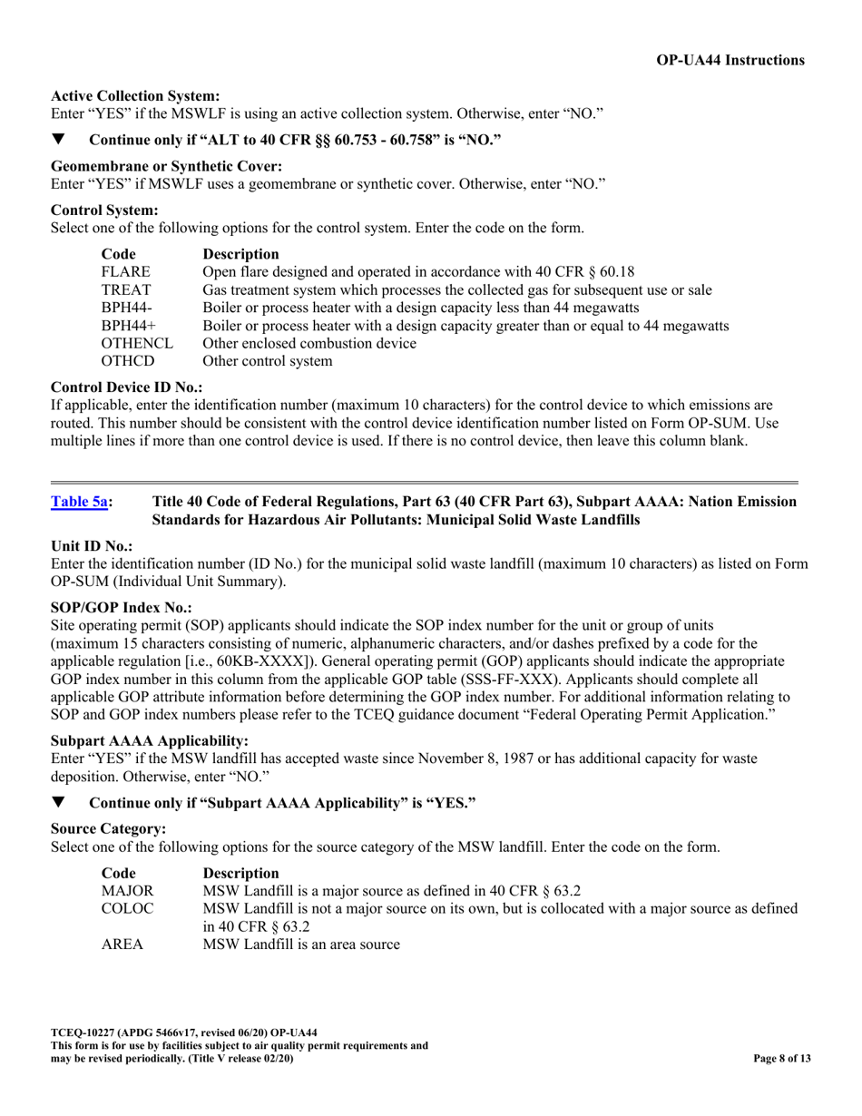 Form TCEQ-10227 (OP-UA44) Municipal Solid Waste Landfill / Waste Disposal Site Attributes - Texas, Page 8