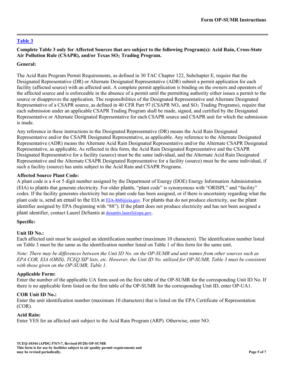 Form TCEQ-10344 (OP-SUMR) Individual Unit Summary for Revisions - Texas, Page 5