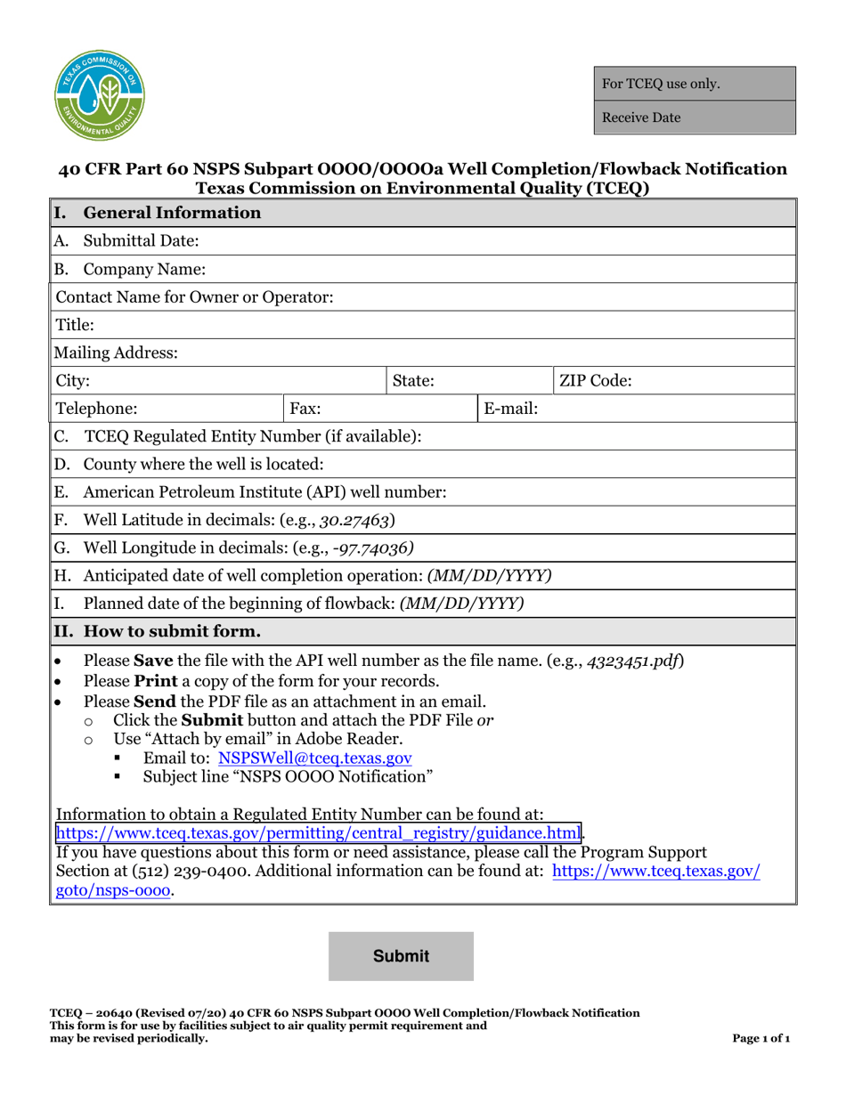 Form TCEQ-20640 40 Cfr 60 Nsps Subpart Oooo Well Completion / Flowback Notification - Texas, Page 1