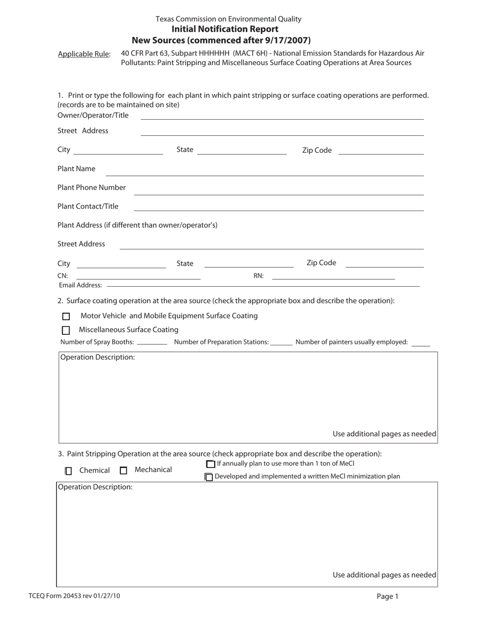 Form TCEQ-20453 Initial Notification - New Sources - Texas, Page 1