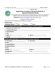 Form TCEQ-20008 Application to Claim a Permit by Rule for a Special Collection Route - Texas