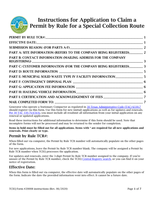 Instructions for Form TCEQ-20008 Application to Claim a Permit by Rule for a Special Collection Route - Texas