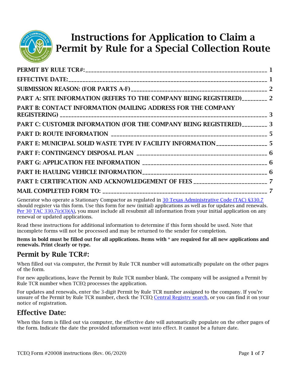 Instructions for Form TCEQ-20008 Application to Claim a Permit by Rule for a Special Collection Route - Texas, Page 1