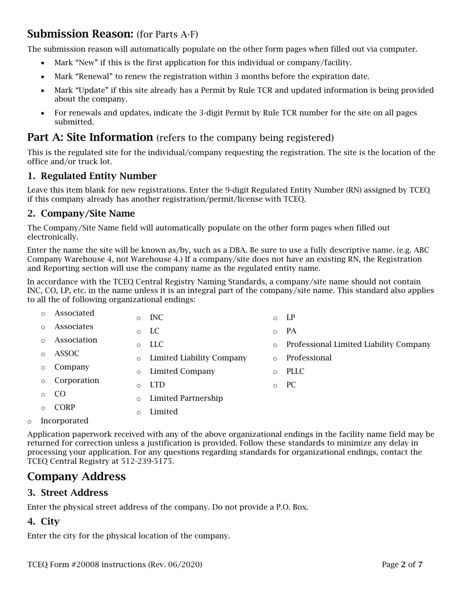 Instructions for Form TCEQ-20008 Application to Claim a Permit by Rule for a Special Collection Route - Texas, Page 2