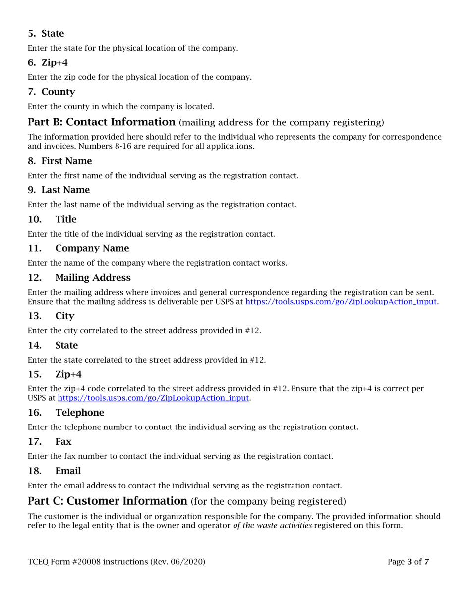 Instructions for Form TCEQ-20008 Application to Claim a Permit by Rule for a Special Collection Route - Texas, Page 3